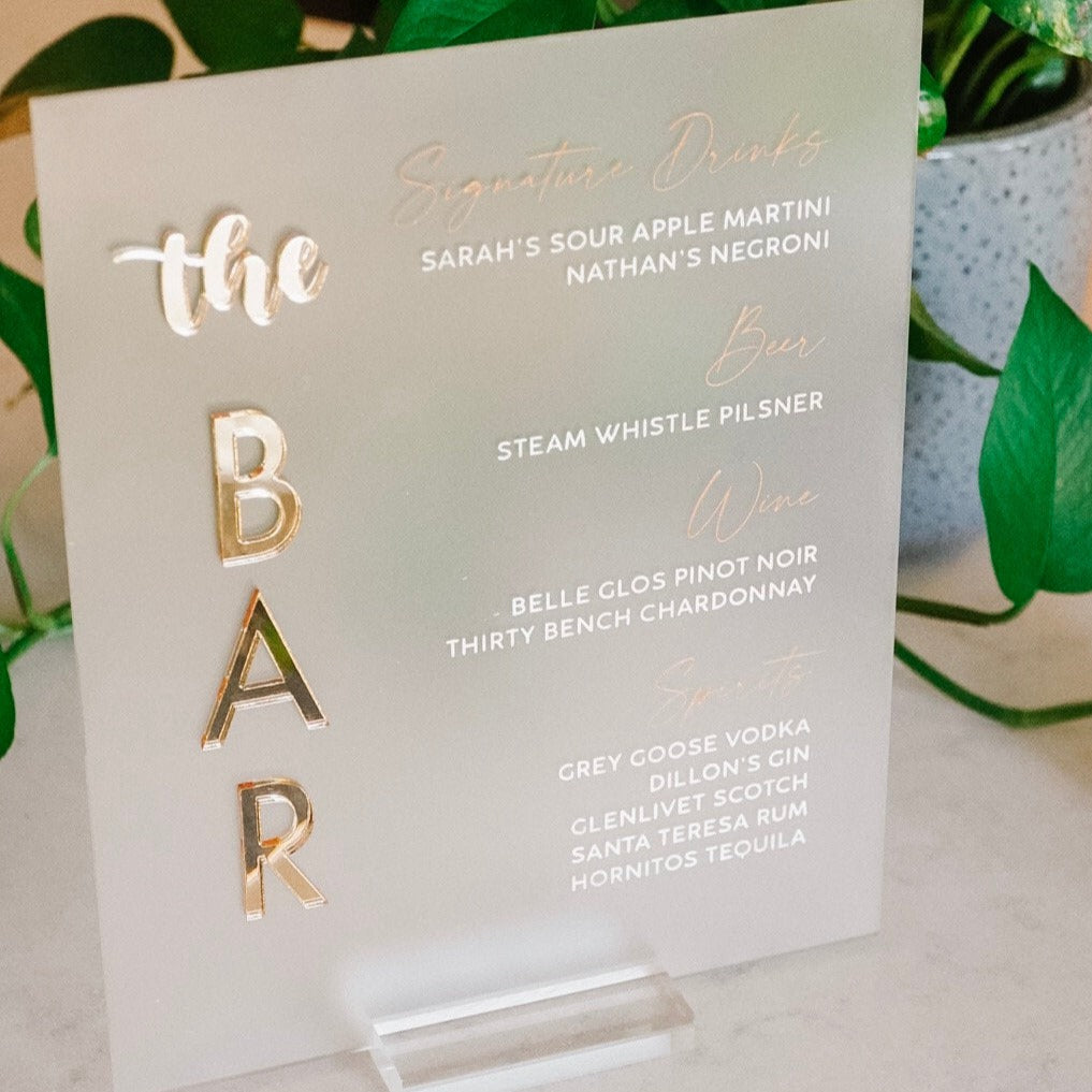 Acrylic Split Arch Wedding Bar Sign | Signature Drink 8x10 Frosted Bar Menu | Open Bar outlet Sign | Modern Wedding Sign | His Hers Drinks