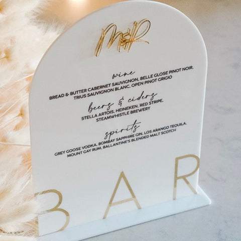 Arched Acrylic Wedding Bar Sign | Signature Drink Bar Menu | Open Bar Sign